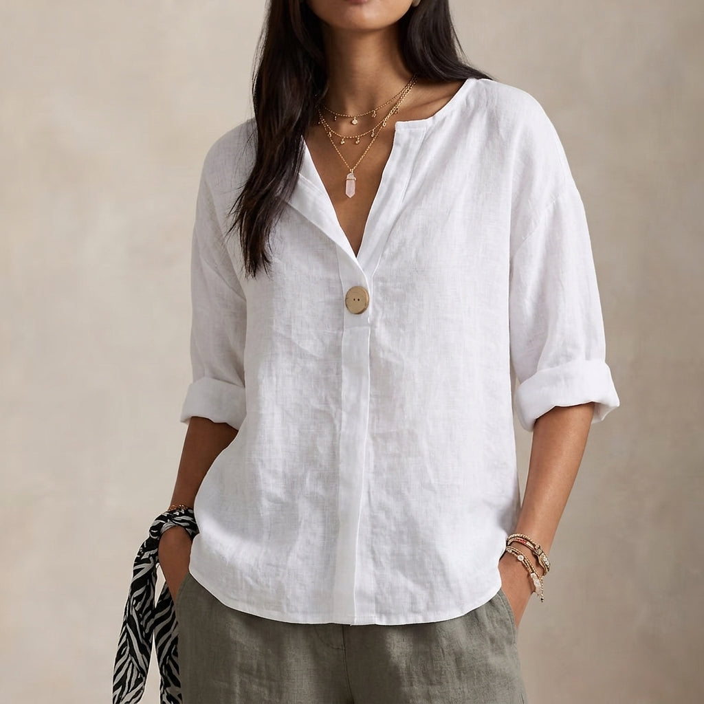 Single-Button V-Neck Blouse