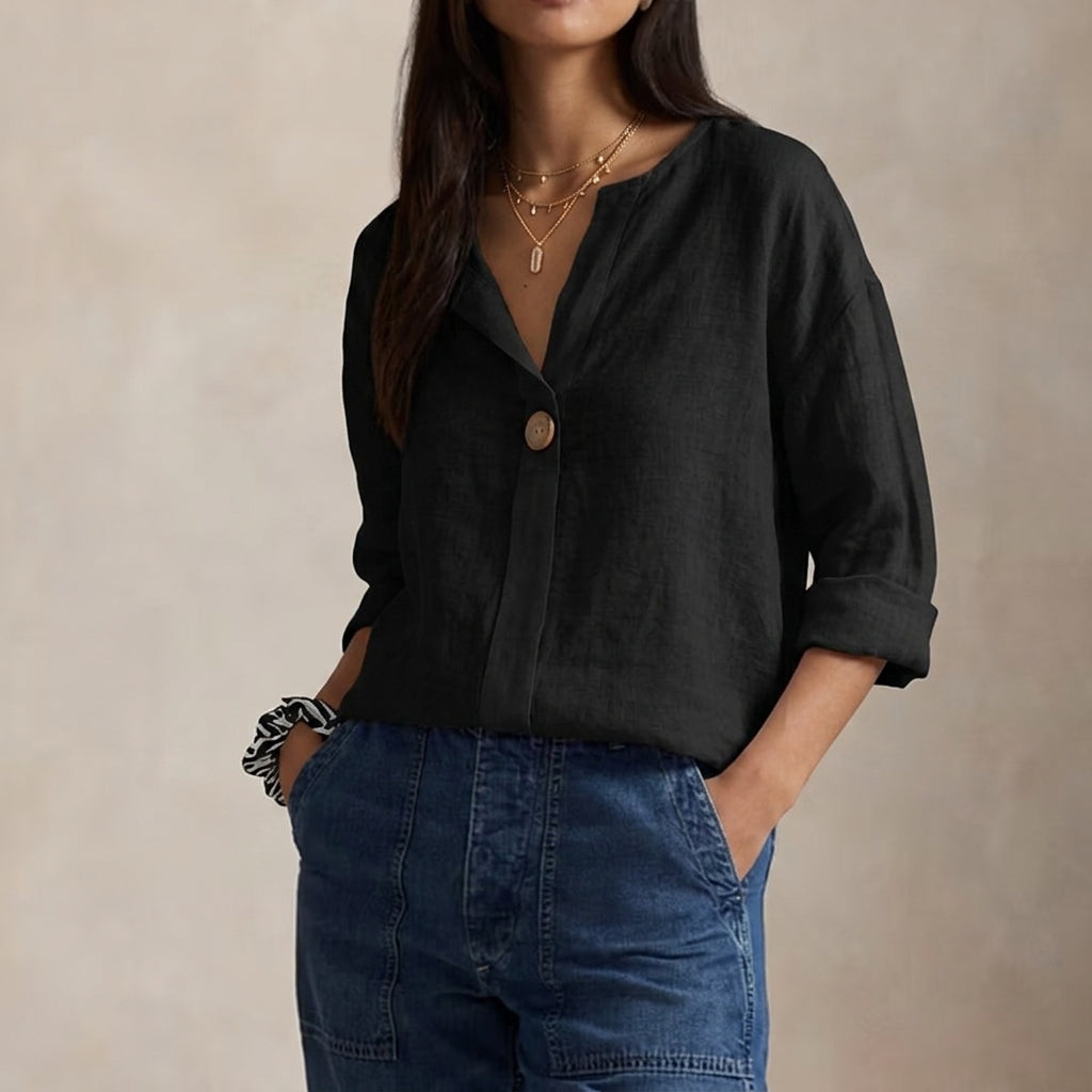 Single-Button V-Neck Blouse