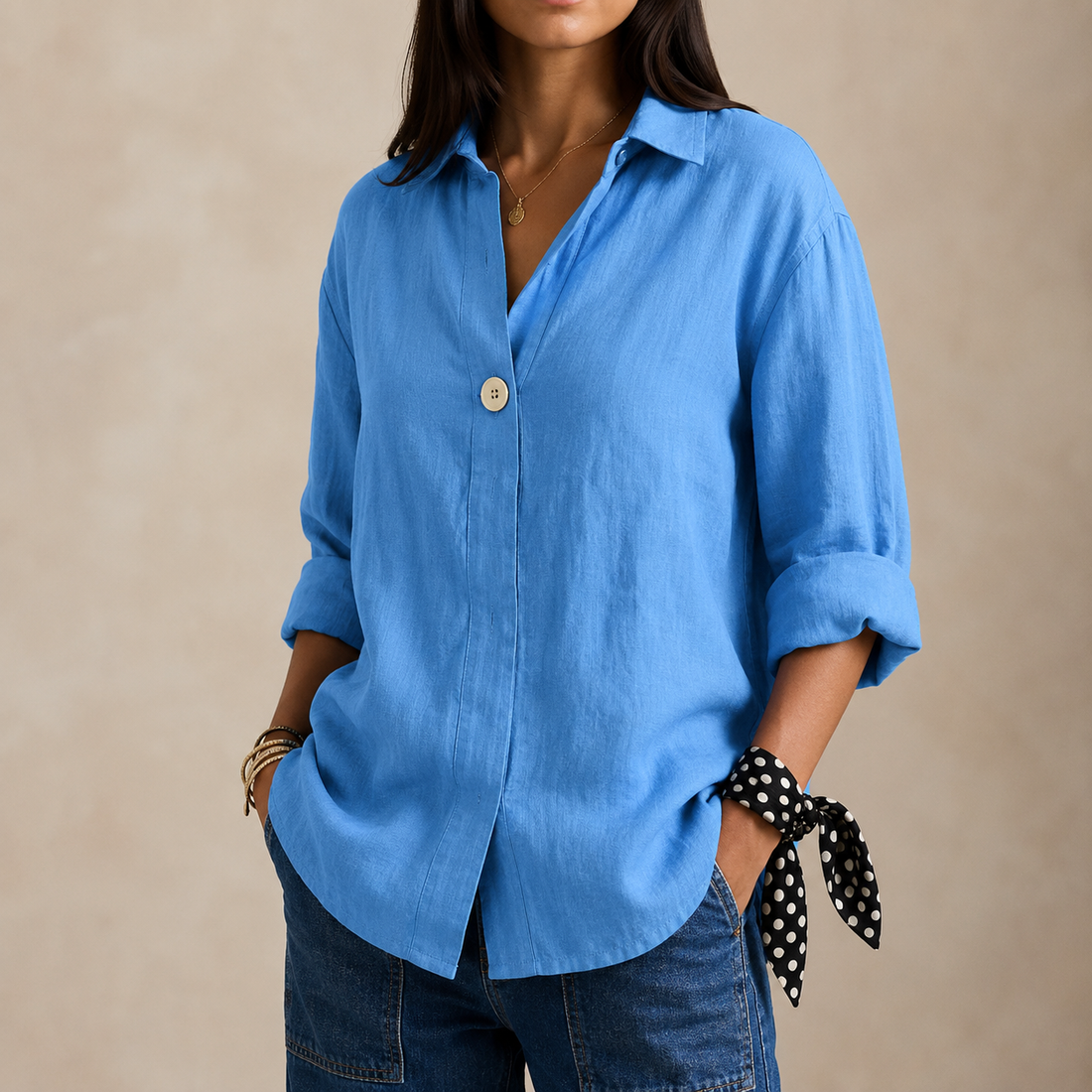 Single-Button V-Neck Blouse