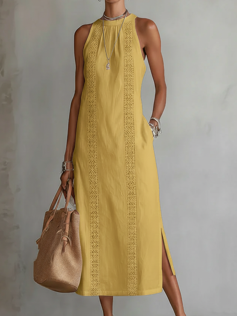 Jimena | Linen-Blend Midi Dress with Mandarin Collar