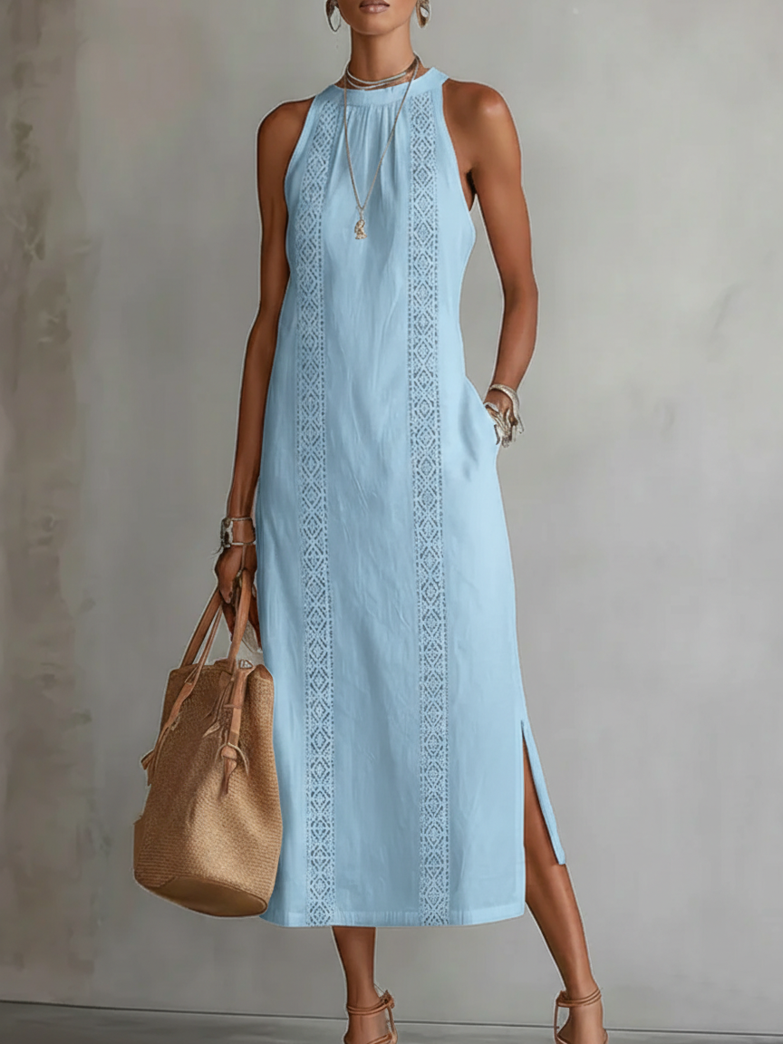 Jimena | Linen-Blend Midi Dress with Mandarin Collar