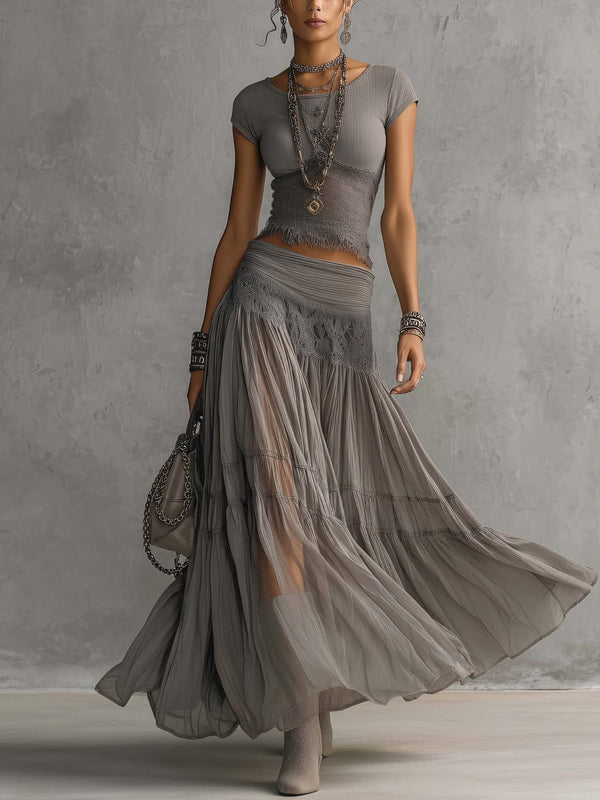 Simone | Lace Top & Pleated Maxi Skirt Set