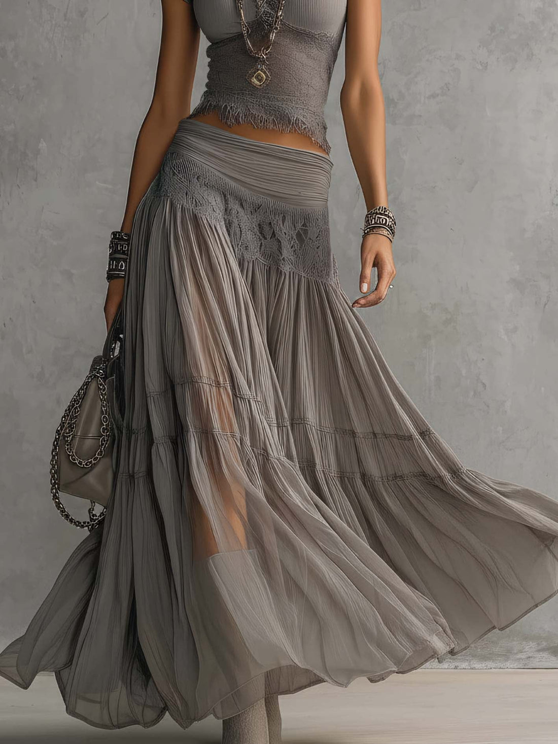Simone | Lace Top & Pleated Maxi Skirt Set