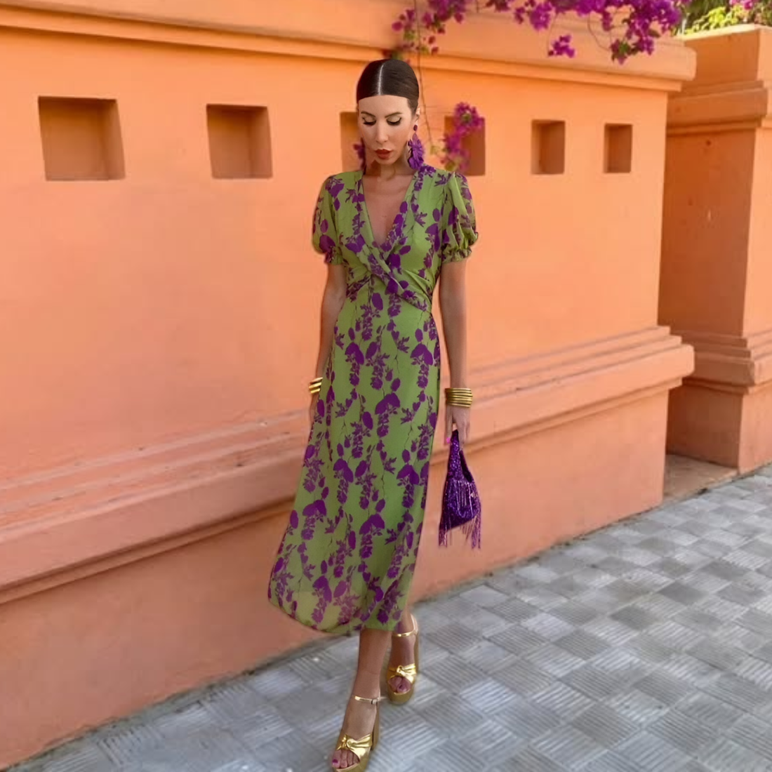 Ernestina | Long Green Floral Dress