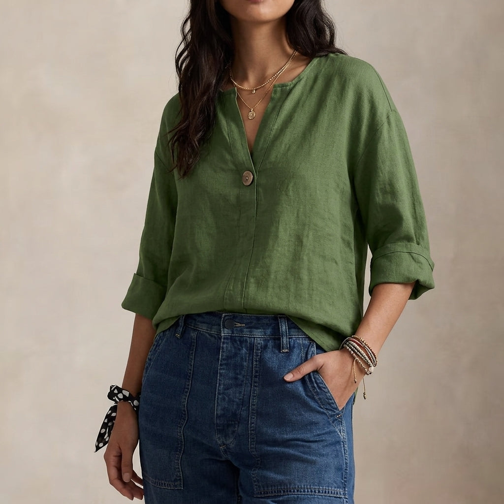Single-Button V-Neck Blouse