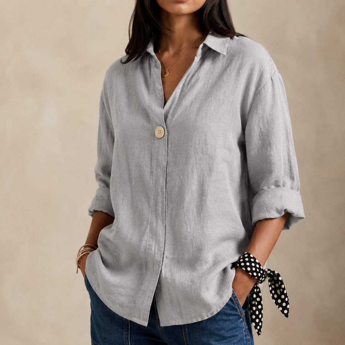 Single-Button V-Neck Blouse