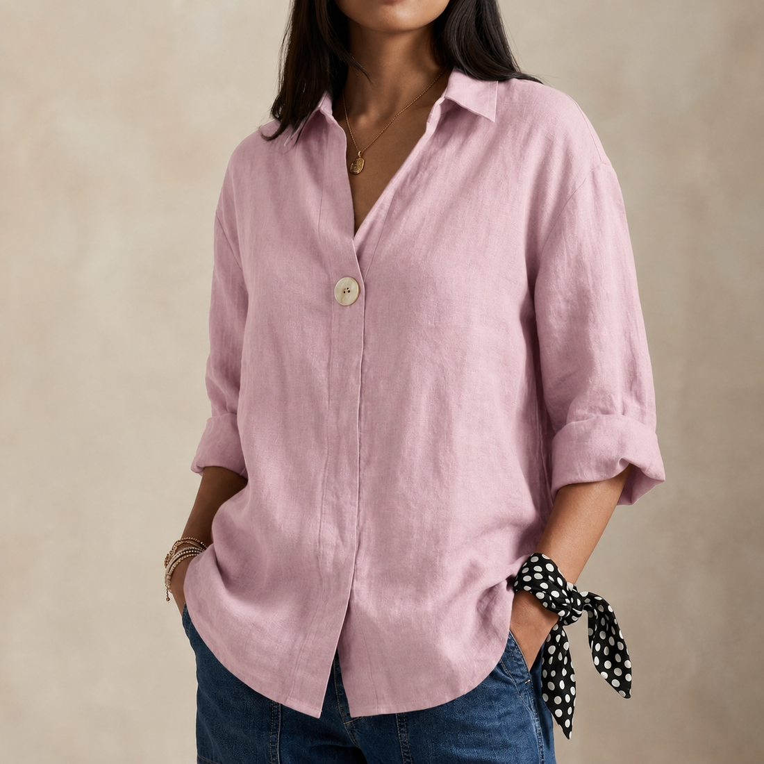 Single-Button V-Neck Blouse