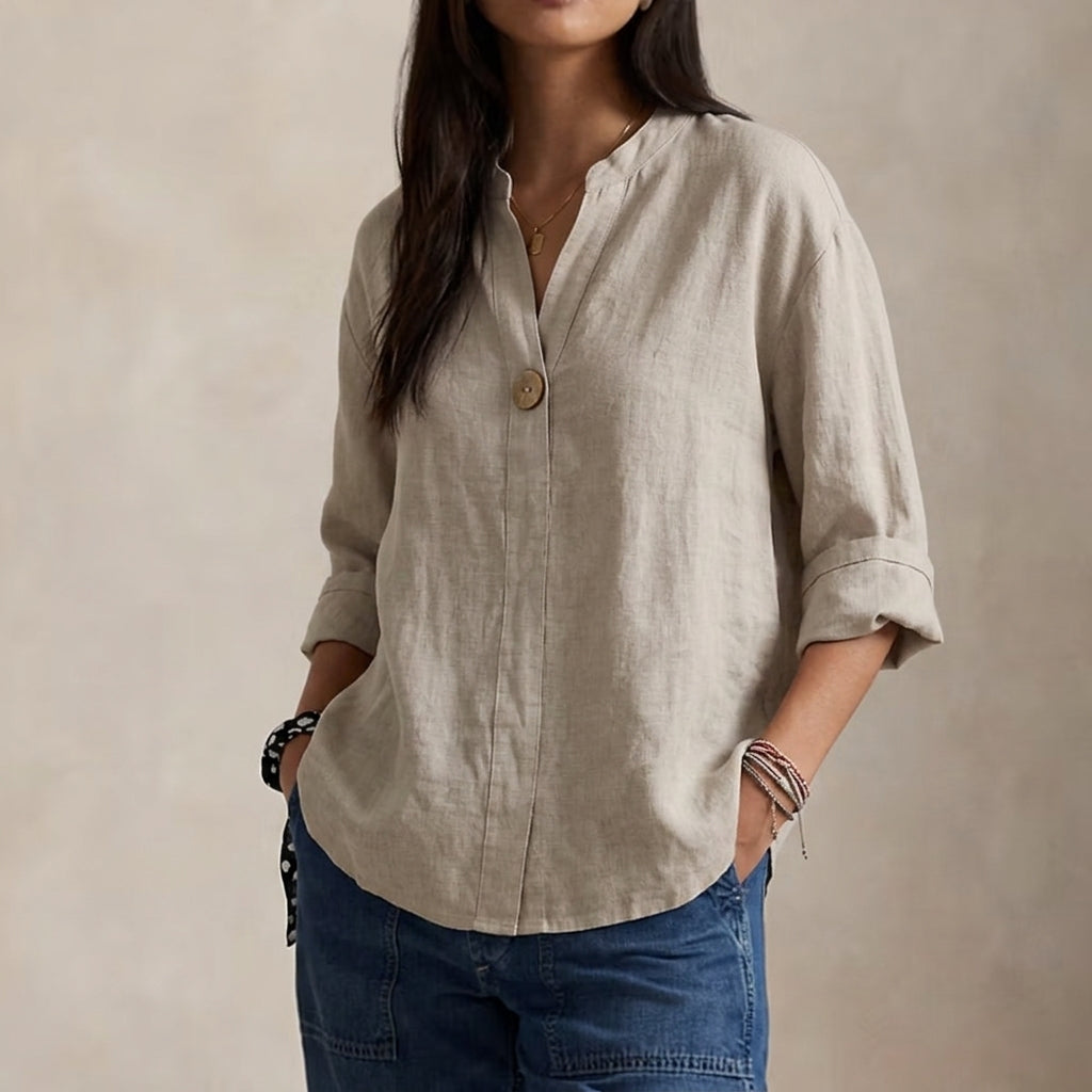 Single-Button V-Neck Blouse