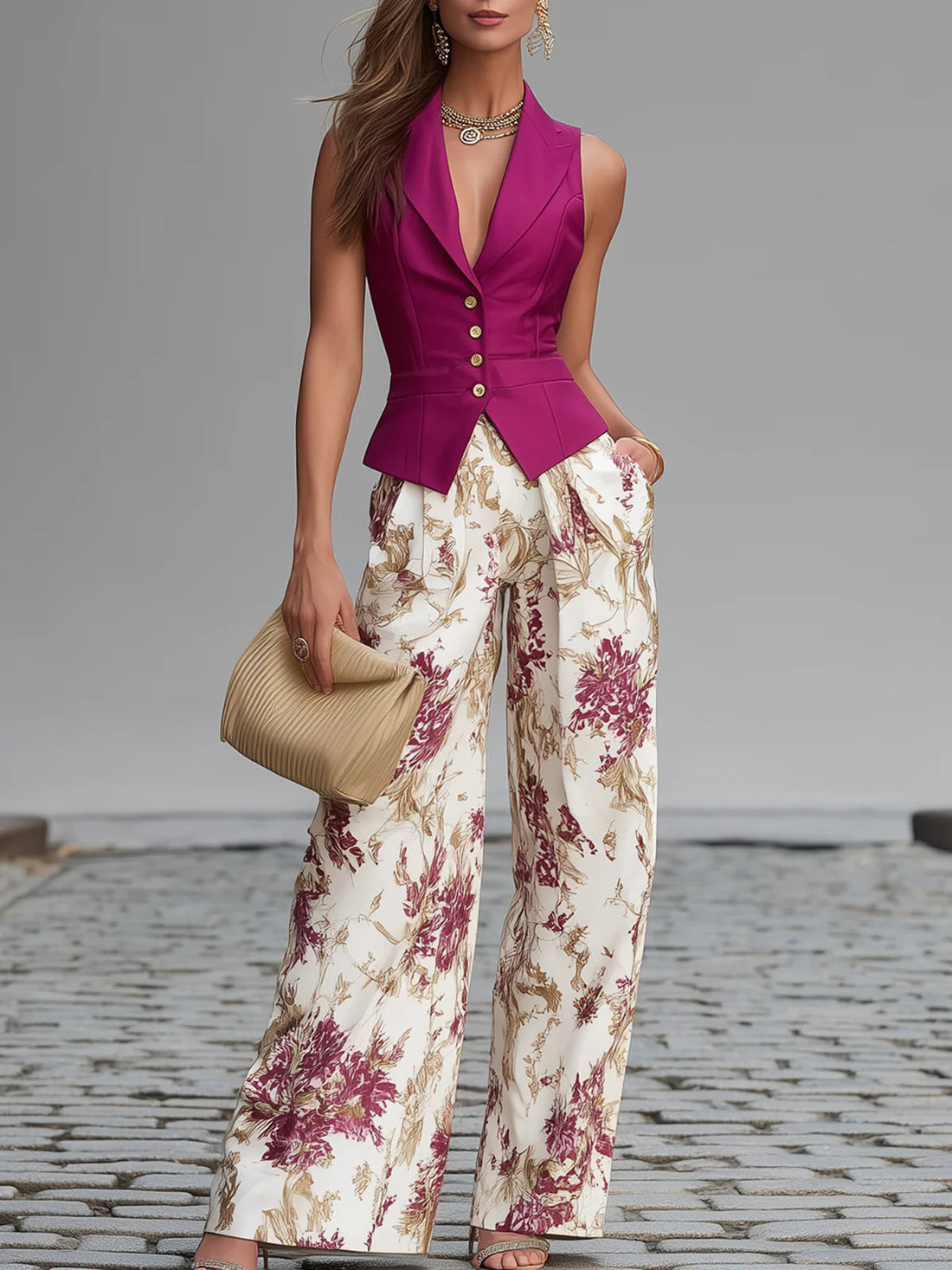 Rosa | Pink Vest & Floral Wide-Leg Trouser Set