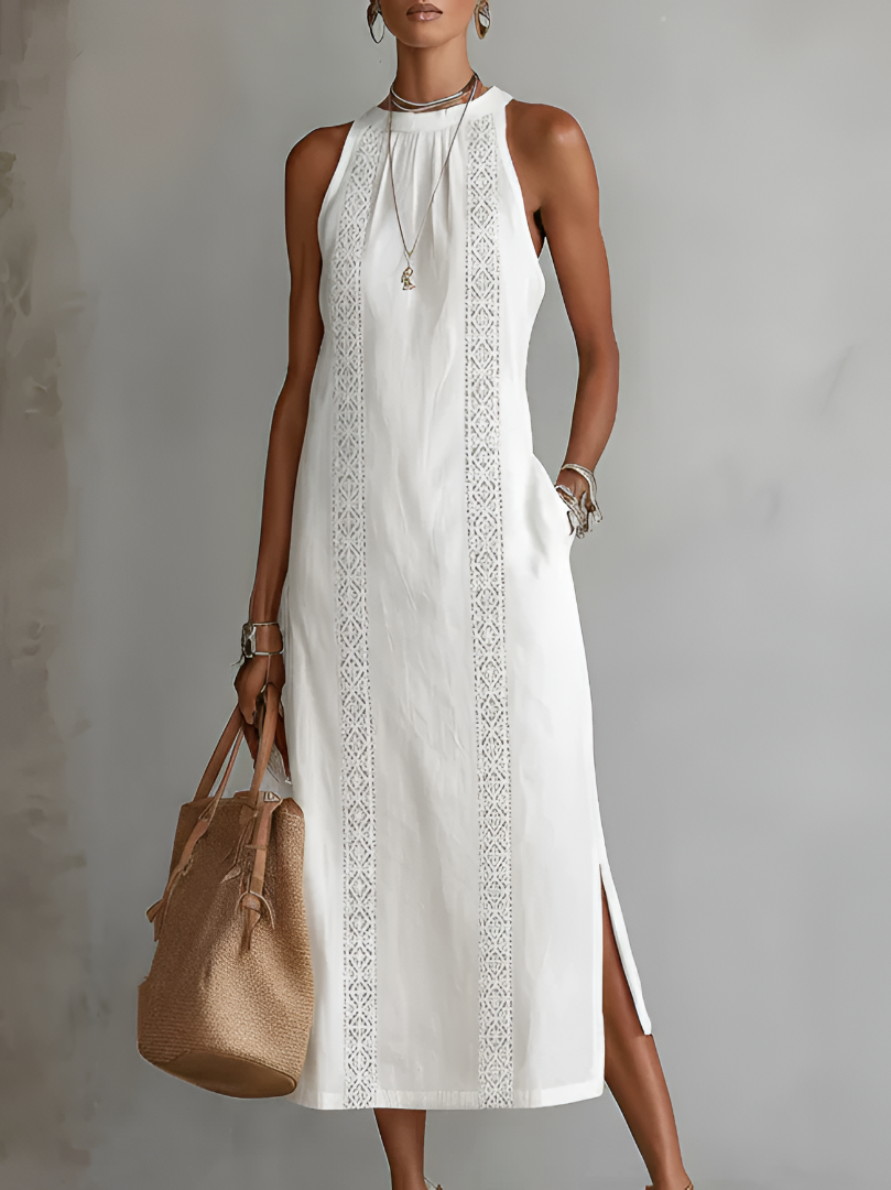 Jimena | Linen-Blend Midi Dress with Mandarin Collar