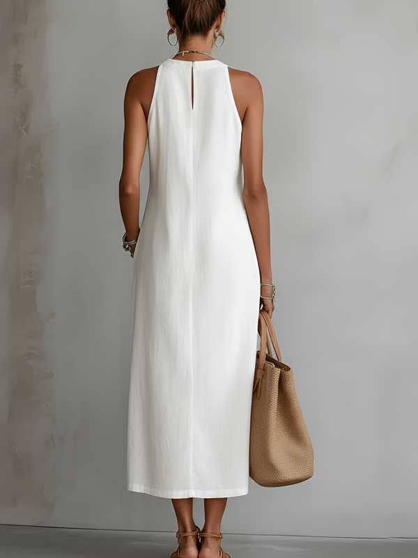 Jimena | Linen-Blend Midi Dress with Mandarin Collar