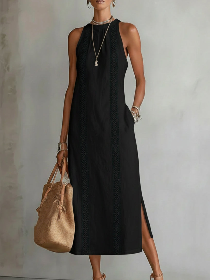 Jimena | Linen-Blend Midi Dress with Mandarin Collar